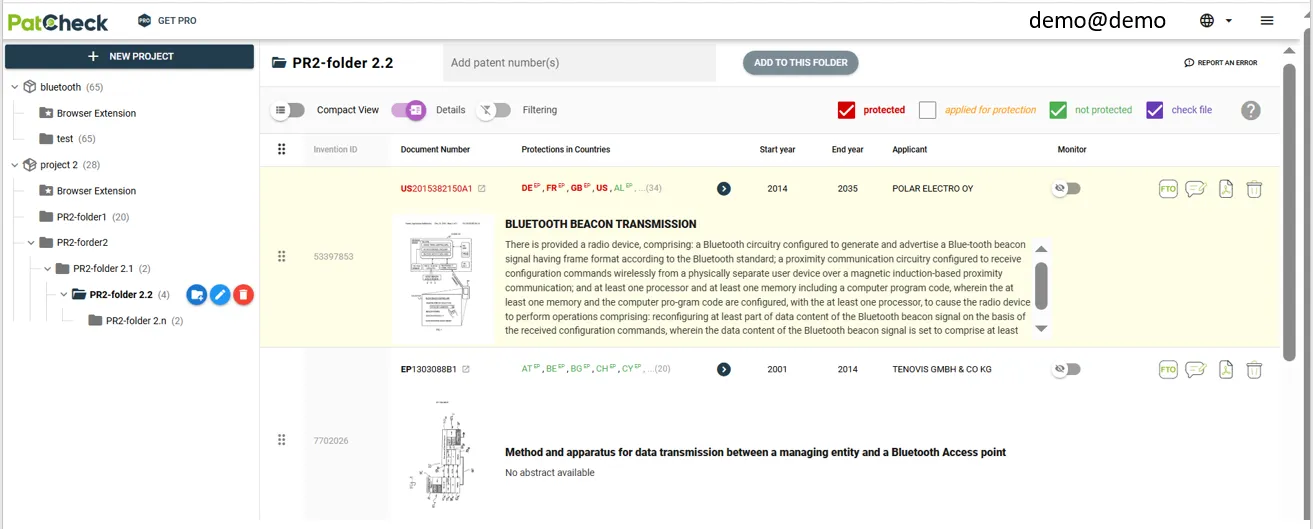 Project and folder structure used to organize patents in PatCheck