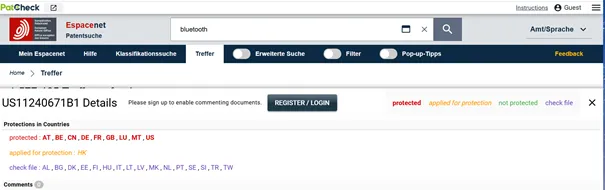 PatCheck extension showing global patent status at a glance for all granted and pending patents of the same invention