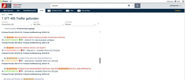 Color-coded patent legal status shown directly in the Espacenet results list
