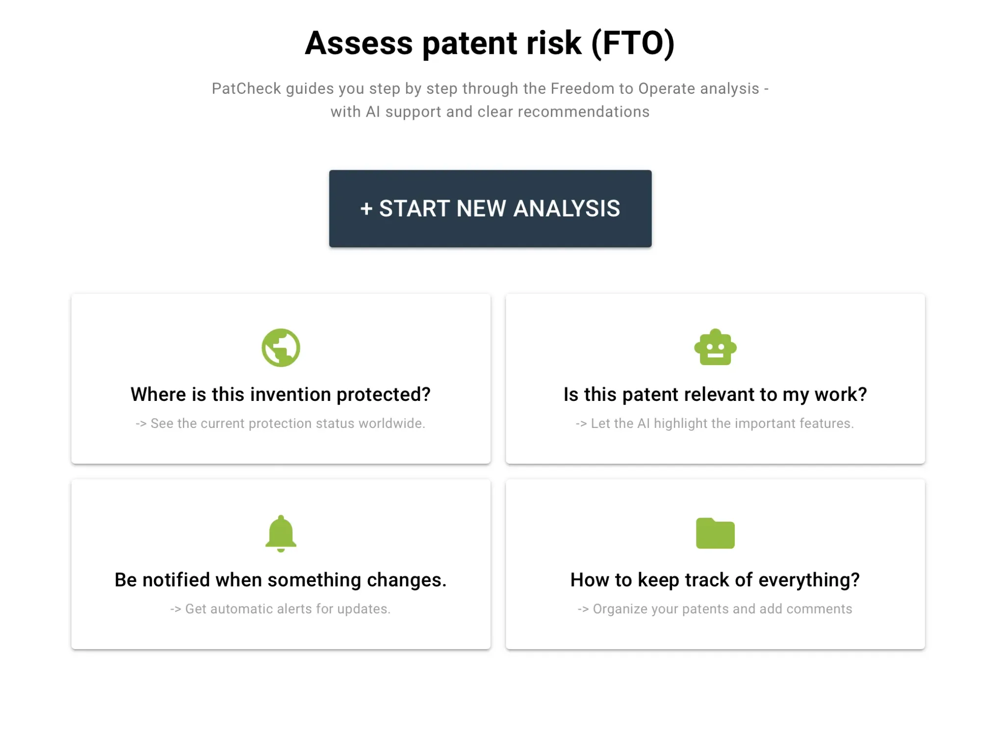 PatCheck start page showing patent overview and access to risk assessment features.
