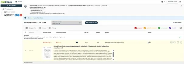 PatCheck overview showing the current protection situation for an invention and the country table legend